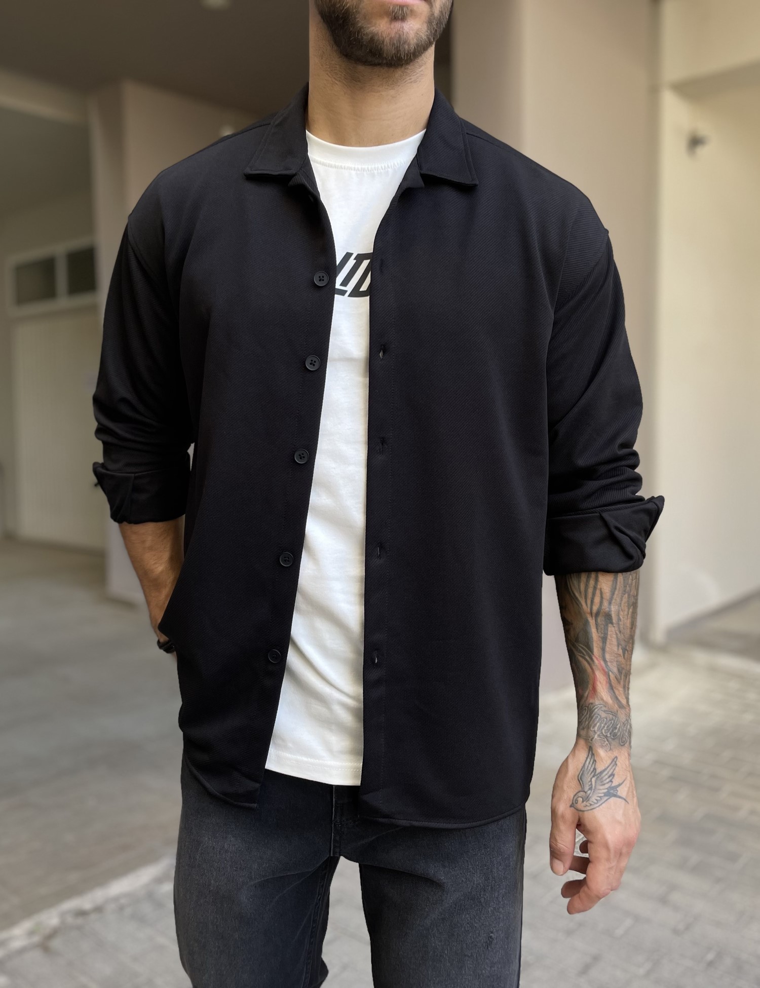 RMZ Ανδρικό μαύρο διαγωνάλ Overshirt με γιακά RMZ456